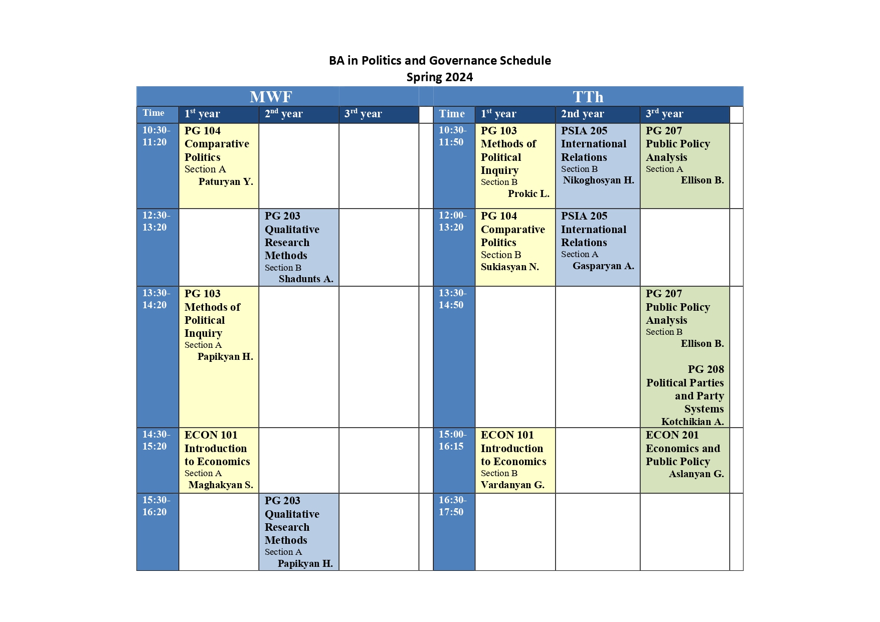 BAPG Schedule Spring 2024 BA Program in Politics & Governance